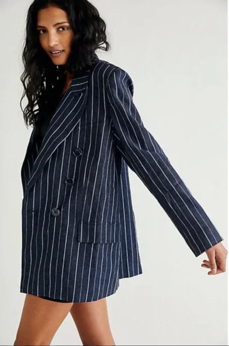 FREE PEOPLE Ashby Pinstripe Oversized Double Breasted Blazer in Navy Size M